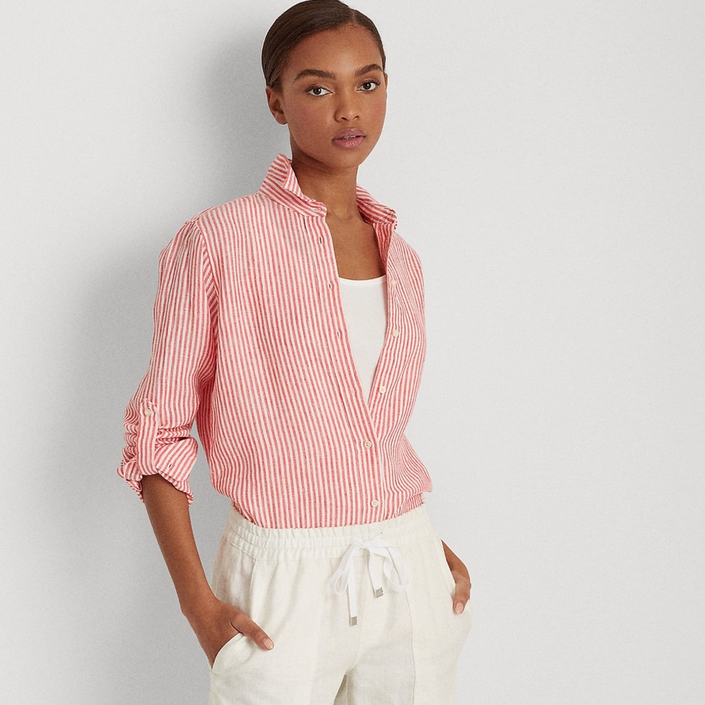Lauren Ralph Lauren NWT Striped Linen Ling Sleeve Button zip Collared Shirt. S